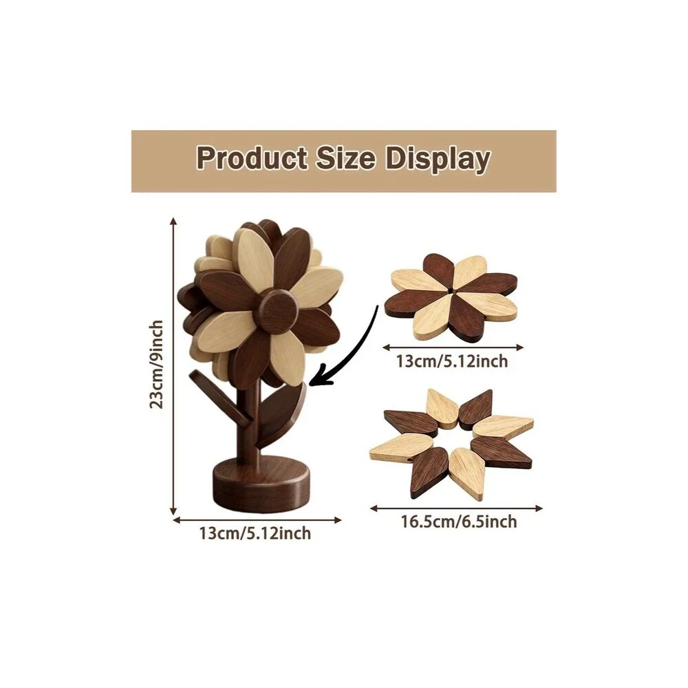 Wooden Trivets for Hot Dishes 3 Pc Foldable Sunflower Coaster Set w/ Stand